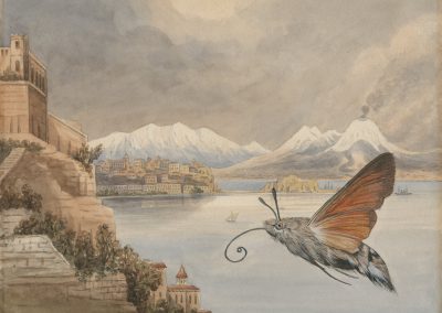 Gouache painting of a hummingbird hawkmoth looming over the Bay of Naples. Volcano smoking in the background.